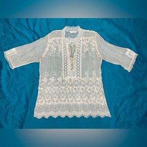 4 Love & Liberty By Johnny Was Ivory Long Sleeve Sheer 100% Silk Lacy Blouse XL